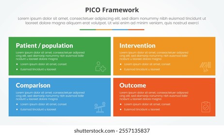 PICO framework infographic concept for slide presentation with big rectangle box with matrix structure with 4 point list with flat style vector