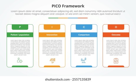 PICO framework infographic concept for slide presentation with big outline table box and strong header with 4 point list with flat style vector