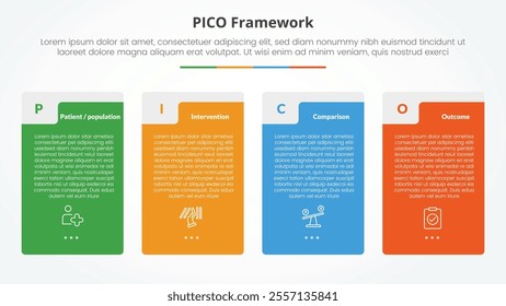 PICO framework infographic concept for slide presentation with big vertical box table shape with 4 point list with flat style vector