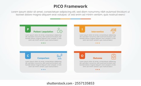 PICO framework infographic concept for slide presentation with long rectangle box container with colorful badge header with 4 point list with flat style vector