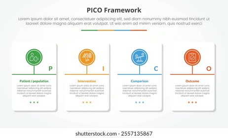 PICO framework infographic concept for slide presentation with big table container with circle line timeline model with 4 point list with flat style vector