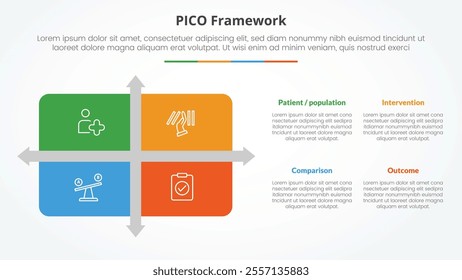 PICO framework infographic concept for slide presentation with matrix structure with arrow shape divider with 4 point list with flat style vector