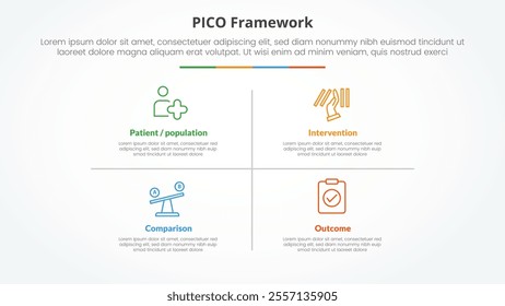 PICO framework infographic concept for slide presentation with matrix structure and line divider with 4 point list with flat style vector