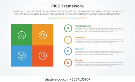 PICO framework infographic concept for slide presentation with square box matrix with circle outline stack with 4 point list with flat style vector