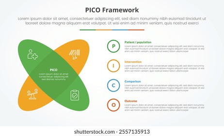 PICO framework infographic concept for slide presentation with round shape with x shape with 4 point list with flat style vector