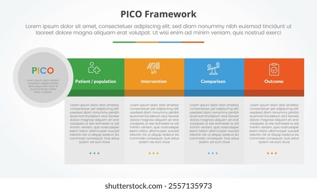 PICO framework infographic concept for slide presentation with big table shape big header and circle edge with 4 point list with flat style vector