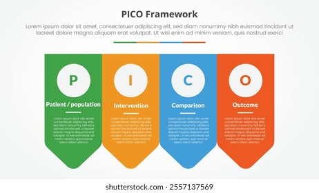 PICO framework infographic concept for slide presentation with arrow badge shape bottom direction with 4 point list with flat style vector