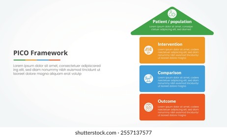 PICO framework infographic concept for slide presentation with arrow top direction and box stack structure with 4 point list with flat style vector