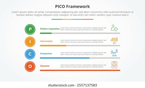 PICO framework infographic concept for slide presentation with horizontal bar percentage with 4 point list with flat style vector