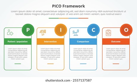 PICO framework infographic concept for slide presentation with outline box table and circle badge with 4 point list with flat style vector