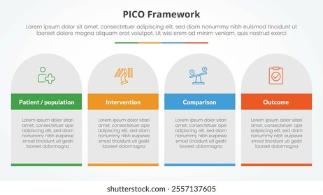 PICO framework infographic concept for slide presentation with table rectangle and round top with 4 point list with flat style vector