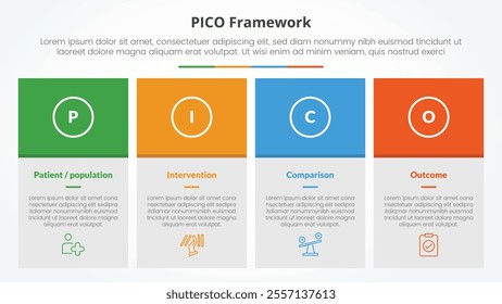 PICO framework infographic concept for slide presentation with big box table and colorfull header with 4 point list with flat style vector