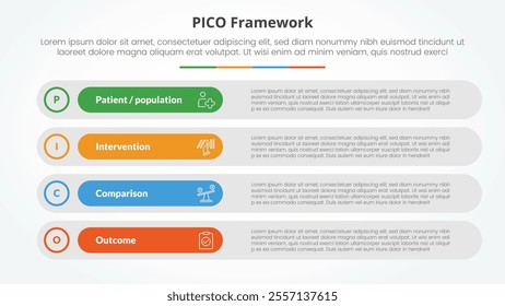 PICO framework infographic concept for slide presentation with long round rectangle box stack with 4 point list with flat style vector