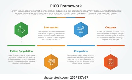 PICO framework infographic concept for slide presentation with hexagon or hexagonal shape timeline style with 4 point list with flat style vector