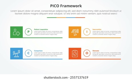 PICO framework infographic concept for slide presentation with creative square box and line bottom with 4 point list with flat style vector