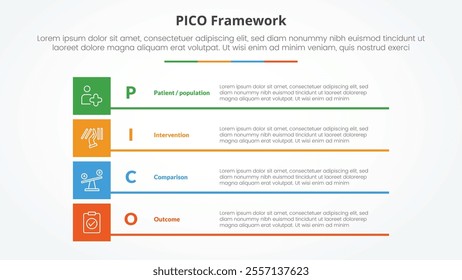 PICO framework infographic concept for slide presentation with boxed creative rectangle stack with 4 point list with flat style vector