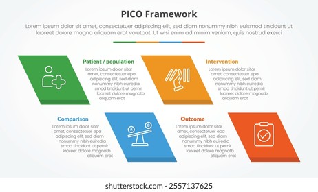 PICO framework infographic concept for slide presentation with skew rectangle with 4 point list with flat style vector