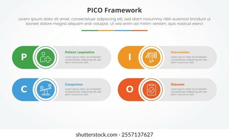 PICO framework infographic concept for slide presentation with round rectangle creative shape with 4 point list with flat style vector