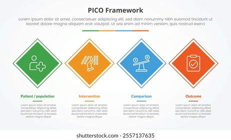 PICO framework infographic concept for slide presentation with rotated square or diamond shape horizontal direction with 4 point list with flat style vector