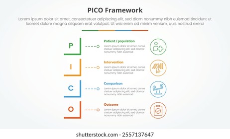 PICO framework infographic concept for slide presentation with modified square shape vertical stack with 4 point list with flat style vector