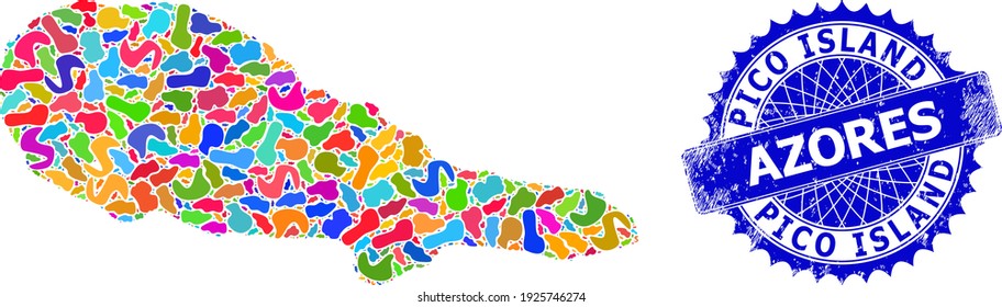 Pico Island map vector image. Spot mosaic map and rubber seal for Pico Island. Sharp rosette blue badge with caption for Pico Island map.