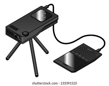 A pico projector on a tripod connected to a smartphone.