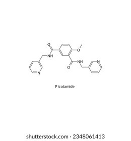 Picotamide flat skeletal molecular structure Thromboxane synthase inhibitor drug used in risk of thrombosis treatment. Vector illustration.