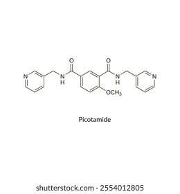 Picotamide flat skeletal molecular structure Thromboxane synthase inhibitor drug used in thromboembolic disorders treatment. Vector illustration scientific diagram.