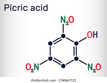 Picric acid ( 2,4,6-trinitrophenol, TNP, C6H3N3O7) molecule. It has a role as an explosive, an antiseptic drug. Skeletal chemical formula. Vector illustration 