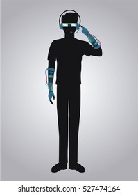 pictograh gamer virtual reality with glasses and gloves futuristic