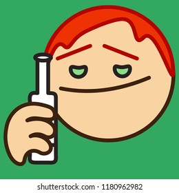 pictogram of alcoholic holding a bottle of vodka, alcohol addict at the bar with liquor beverage thinks he is not drunk enough and wants to continue,man drinking whiskey, scotch or other strong drink