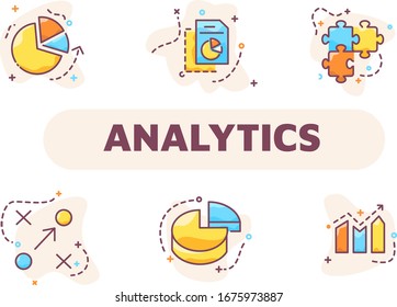 Pictogram of analytics icon set - graphs, puzzles, round graphs, strategy and documents illustration in one set