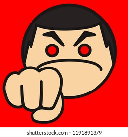 pictogram with angry aggressive man that shows his fist as a warning, mad person preparing to punch someone in the face, simple colored emoticon, circle shaped vector emoji in color