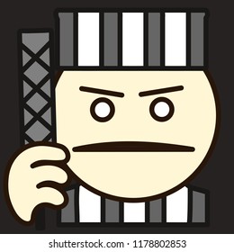 pictogram with angry determined prisoner in a striped robe and hat that is going to break free from isolation in prison and escape by cutting bars with rasp, simple colored emoticon