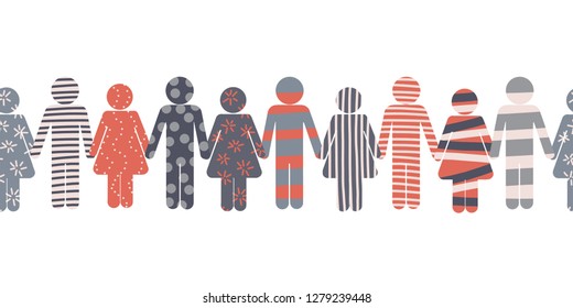 Pictogram border of. Symbols of men and women holding hand. Icons border. Textured colorful silhouettes of woman and man. Stick man symbols for cohesion, team spirit, togetherness, unity, community.