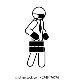 pictogram businessman holding a portfolio and wearing protective mask over white background, line style, vector illustration