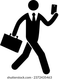 A pictogram of a businessman walking with a briefcase and a cellphone