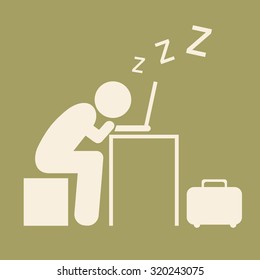 Pictogram Businessman work Sleeping on Computer isolated on brown background. Vector illustration