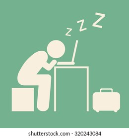 Pictogram Businessman work Sleeping on Computer isolated on green background . Vector illustration