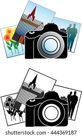Pictogram of a camera in front of three pictures with plants, a church and people
