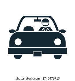 pictogram car driver wearing medical mouth mask over white background, silhouette style, vector illustration