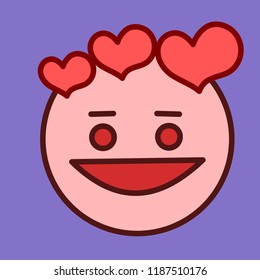 pictogram with character that can't get you out of his head with love symbols of hearts flying around his face which represent the feeling of falling in love, simple colored emoticon