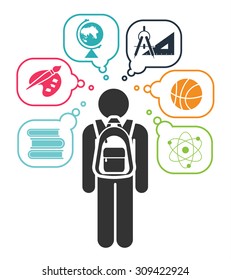 Pictogram of a child learning different school subjects. Pictogram icon set. School days. Vector illustration.