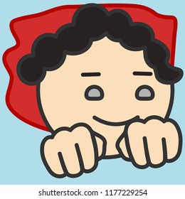 pictogram with classic super hero character flying with waving cape, curly superhero man fly in the air by pushing fists forward and using his superpower, simple colored emoticon, primitive vector art