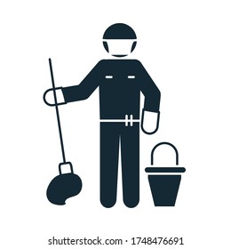pictogram cleaning person wearing medical mask and gloves holding a mop over white background, silhouette style, vector illustration