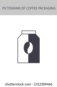 Pictogram of coffee packaging on white background. Isolated coffe packaging icon. Picture for a restaurants/cafe menu. Logos concept, web-sites and other. B&W coffee packaging icon.