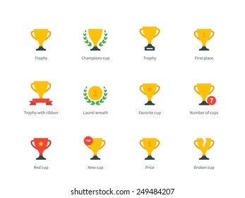 Pictogram collection of championship and honors, trophy, awards, laurel wreath, favorite, new and broken cup. Flat design style colored icons set. Isolated on white background.