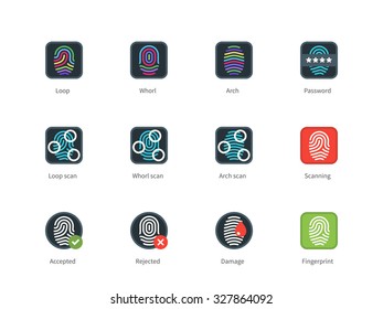 Pictogram collection of Fingerprint and Scanning, Loop, Whorl, Arch types, for ID detection devices and Security apps. Flat color icons set. Isolated on white background.