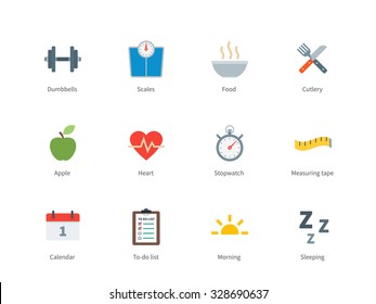 Pictogram collection of Fitness and Healthy Lifestyle, Food, Diet, Training Days, Scales for Gum Website and Health Apps. Flat color icons set. Isolated on white background.