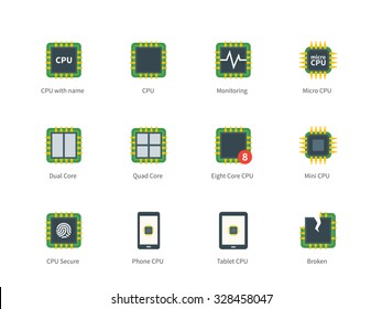 Pictogram Collection Of Modern Computer Processor And Multi Core Processors, Eco, Broken CPU For Repair Service And Computer Shop. Flat Color Icons Set. Isolated On White Background.